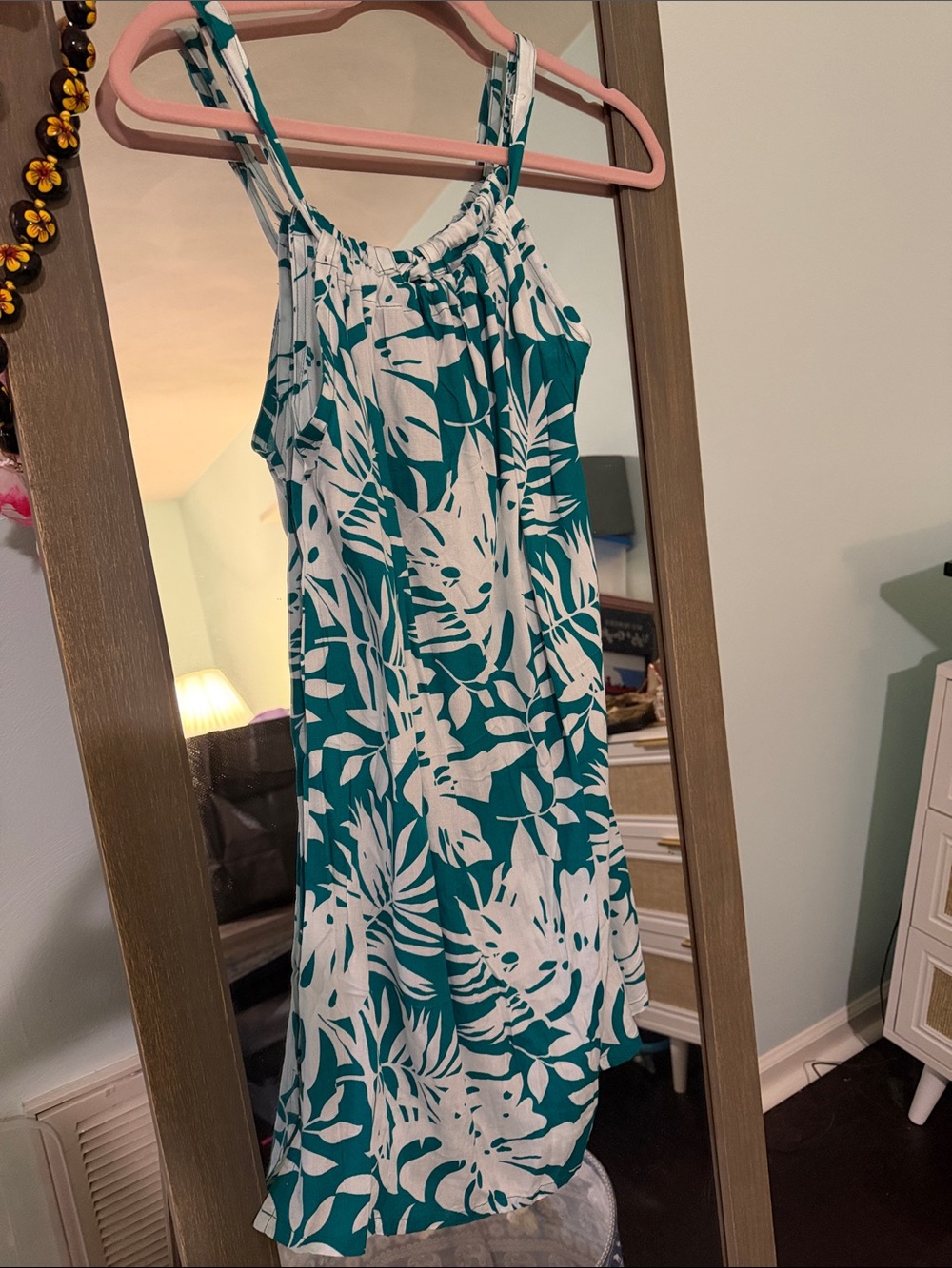 Teal and White Tropical Print Mini Sundress